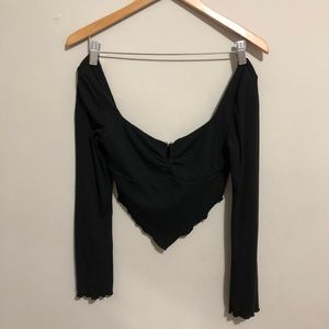 Y2k fairy inspired low cut black ruffle trim long sleeve crop top